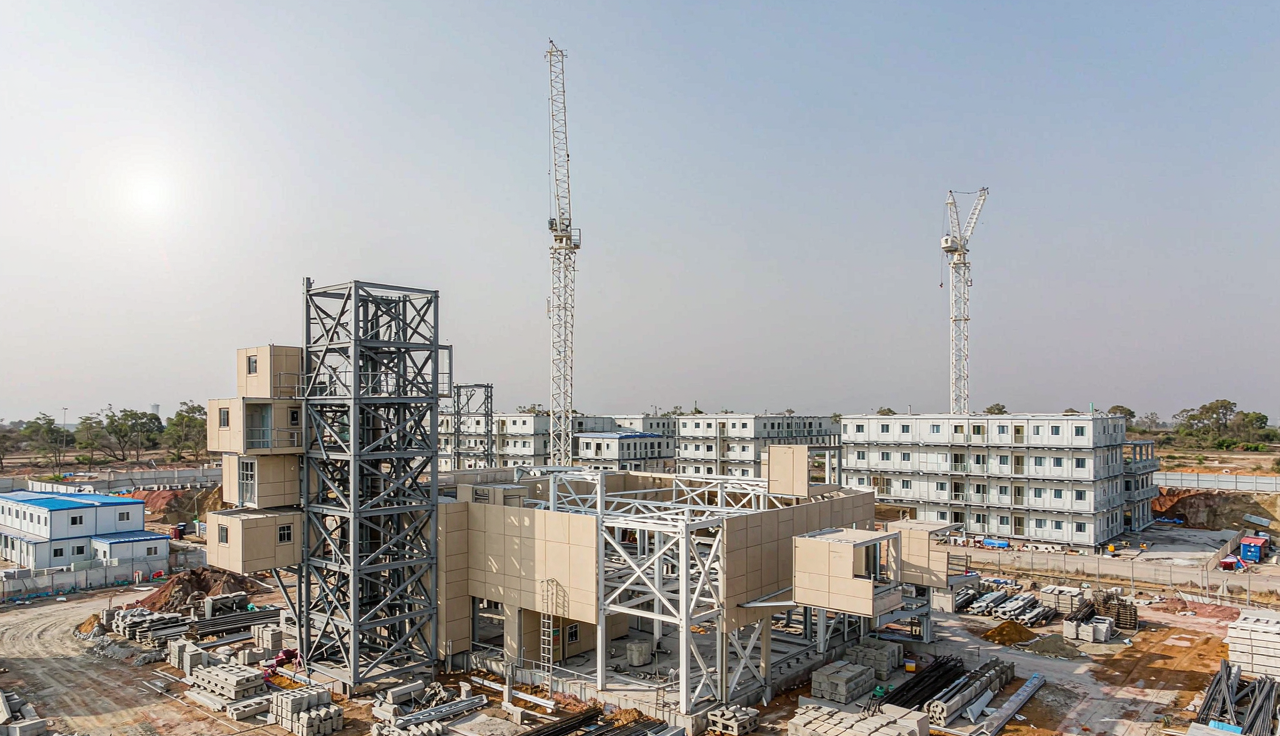 Representative data center construction with prefabricated modules being assembled