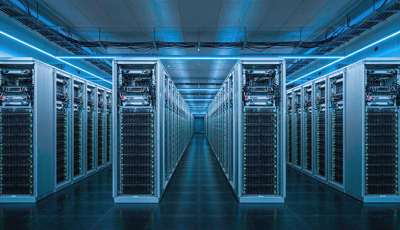 Representative AI data center hall with rows of server cabinets