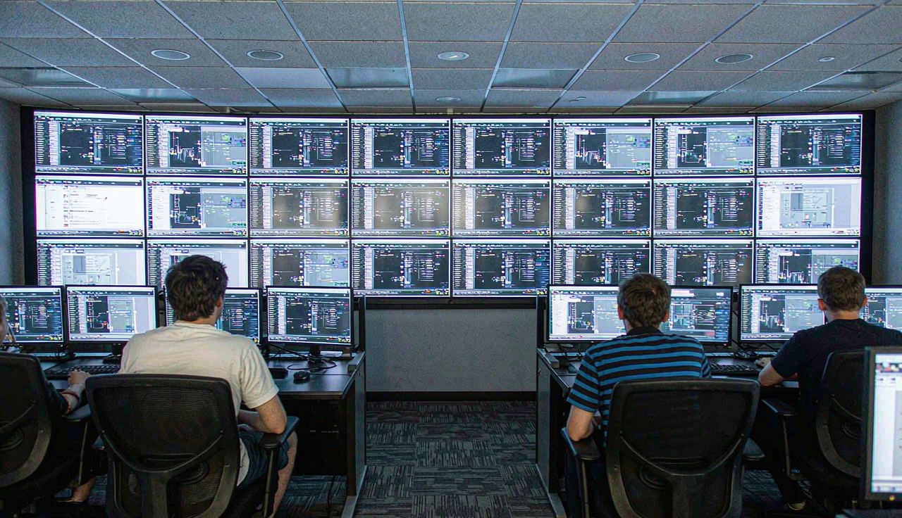 Representative operations center with infrastructure monitoring dashboards
