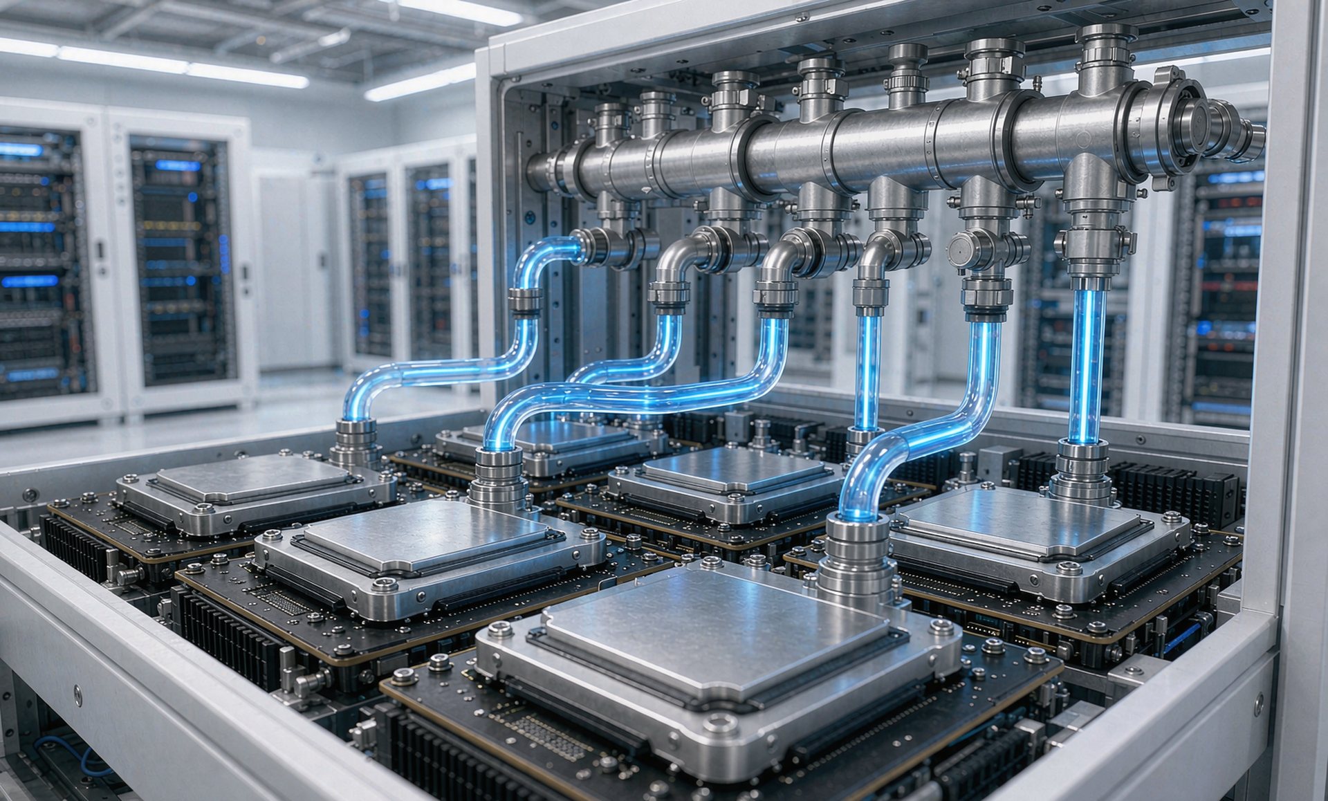 Representative AI GPU racks with direct-to-chip liquid cooling cold plates and manifolds